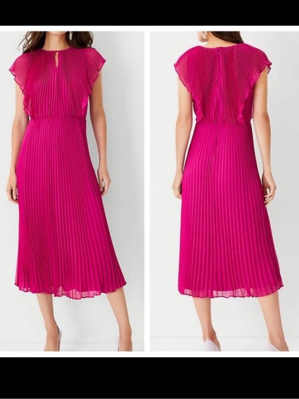 Ann Taylor Magenta Flutter Sleeve Pleated Midi Dress – Size 0 – NWT